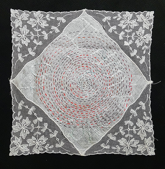 K is for Kevin #3 - I DON'T WANT TO DIE embroidery on handkerchief, 18x18cm, Natalie Sirett 2020 